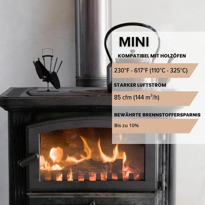 Ecofan Original Mini, Classic Styled, Heat Powered Wood Stove Fan, 85 CFM, 6.5" Blade, Black