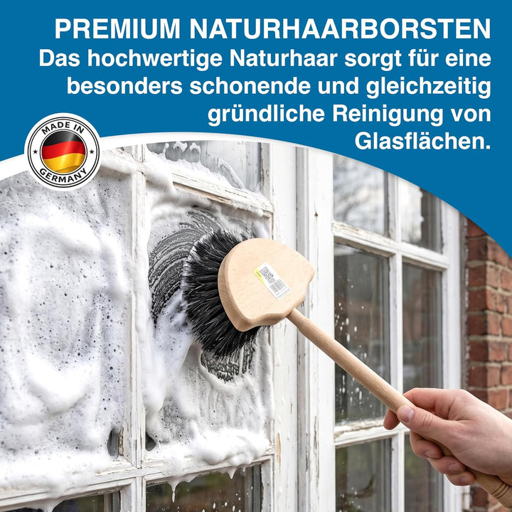 Fensterwascher Halbmond gefertigt aus Buchenholz und Naturhaar- Rosshaarborsten. Fensterbürste mit e