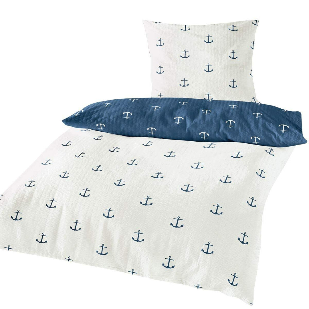 Traumschlaf Seersucker Sommer Wende-Bettwäsche Anker - Bügelfrei - maritim Set 240x220 cm + 2X 80x80