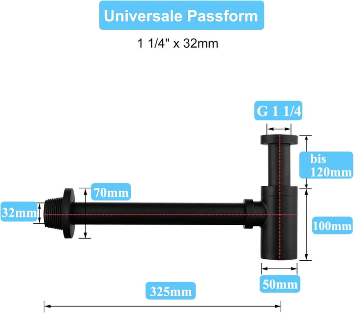 Keymark Design Siphon Schwarz Matt, Messing Syphon Sifon für Waschbecken & Waschtisch, Universal Des