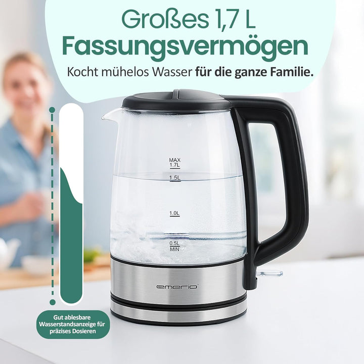 EMERIO Glas Wasserkocher mit 1.7 Liter Volumen | 2200 Watt | blaue LED Innenbeleuchtung | 360° Basis