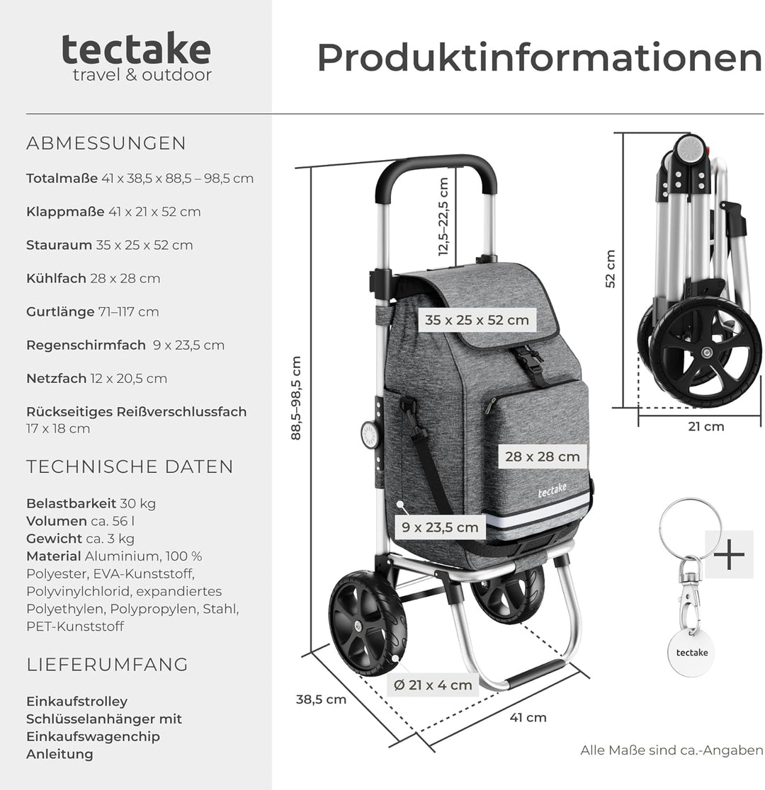tectake® Einkaufstrolley 3-in-1 klappbar mit Kühltasche, 30 kg belastbar, 45,5 L, Einkaufsroller, Sh