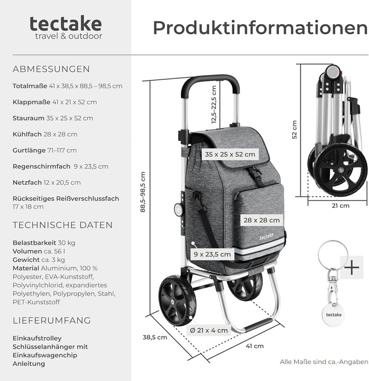 tectake® Einkaufstrolley 3-in-1 klappbar mit Kühltasche, 30 kg belastbar, 45,5 L, Einkaufsroller, Sh