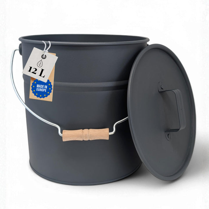 LIVLIG Premium Ascheeimer mit Deckel 12L Anthrazit, verzinkter Eimer mit Deckel für Moderne Kamine,