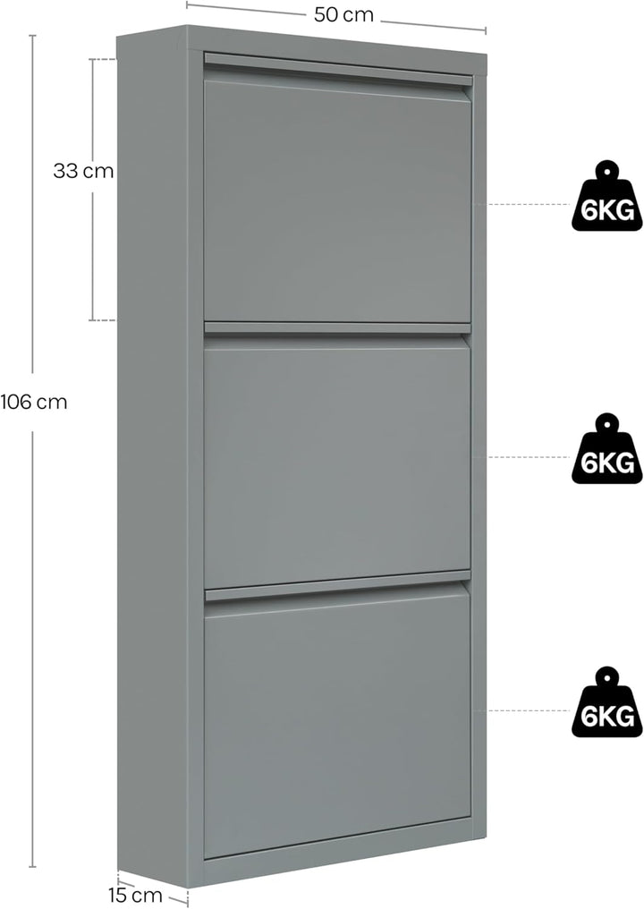 WOLTU Schuhschrank, mit 3 Klappen, Schuhregal, Schuhkipper, für 9 Paar Schuhe, aus Metall, für Flur