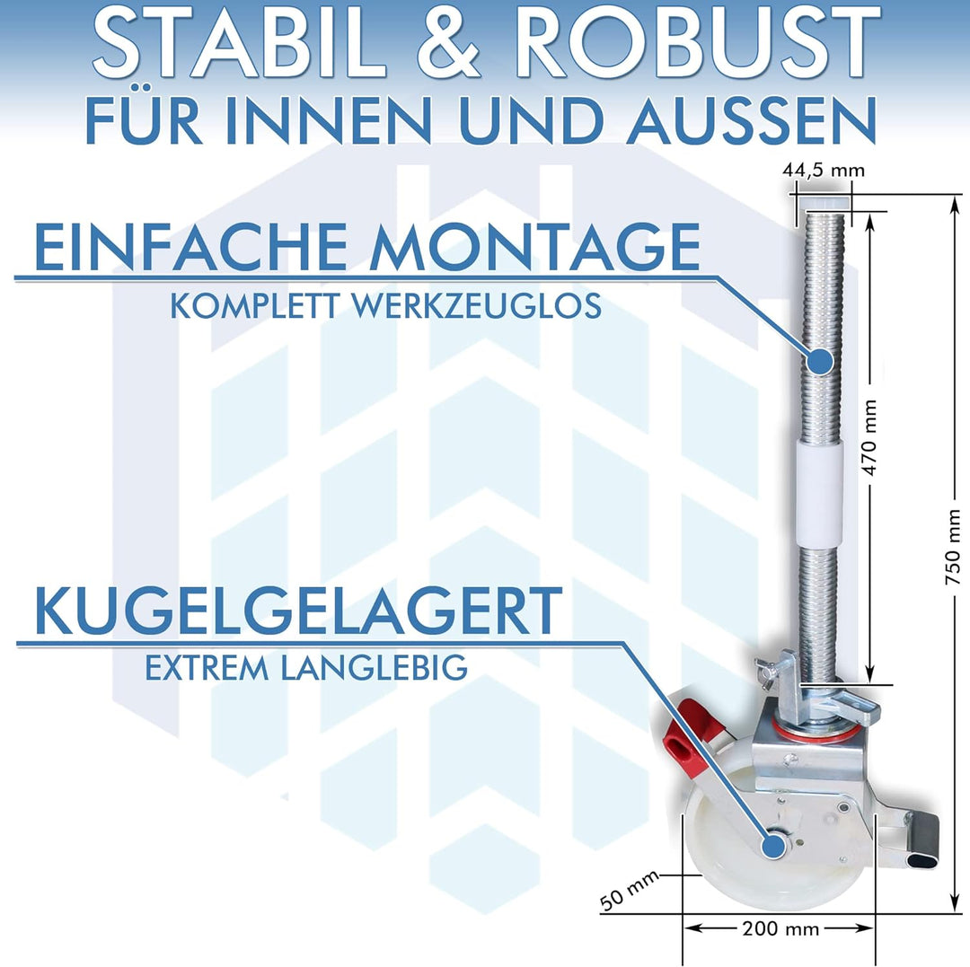 AC Steigtechnik Gerüstrollen 200 mm mit Stahlspindel, doppelt gebremst, lotrecht stehend, Set mit 4