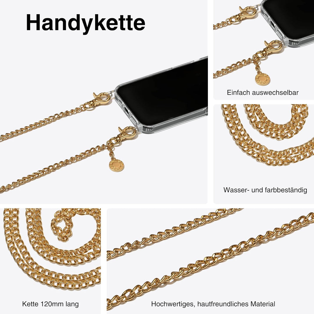 Jalouza Handykette, Kordel & Hülle Bundle kompatibel mit iPhone 13 - Gliederkette in Gold und Kordel