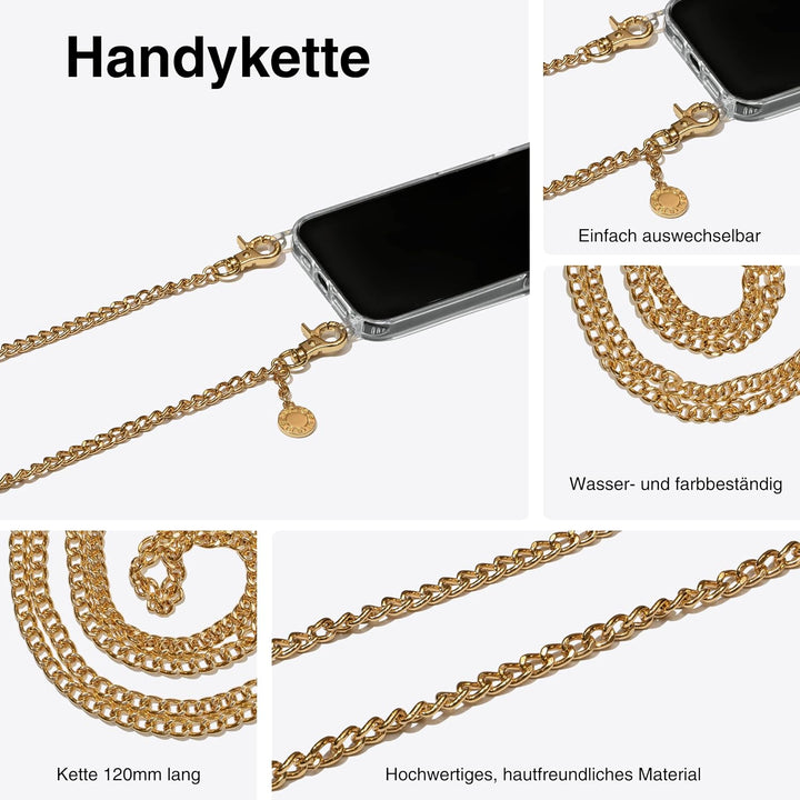 Jalouza Handykette, Kordel & Hülle Bundle kompatibel mit iPhone 13 - Gliederkette in Gold und Kordel