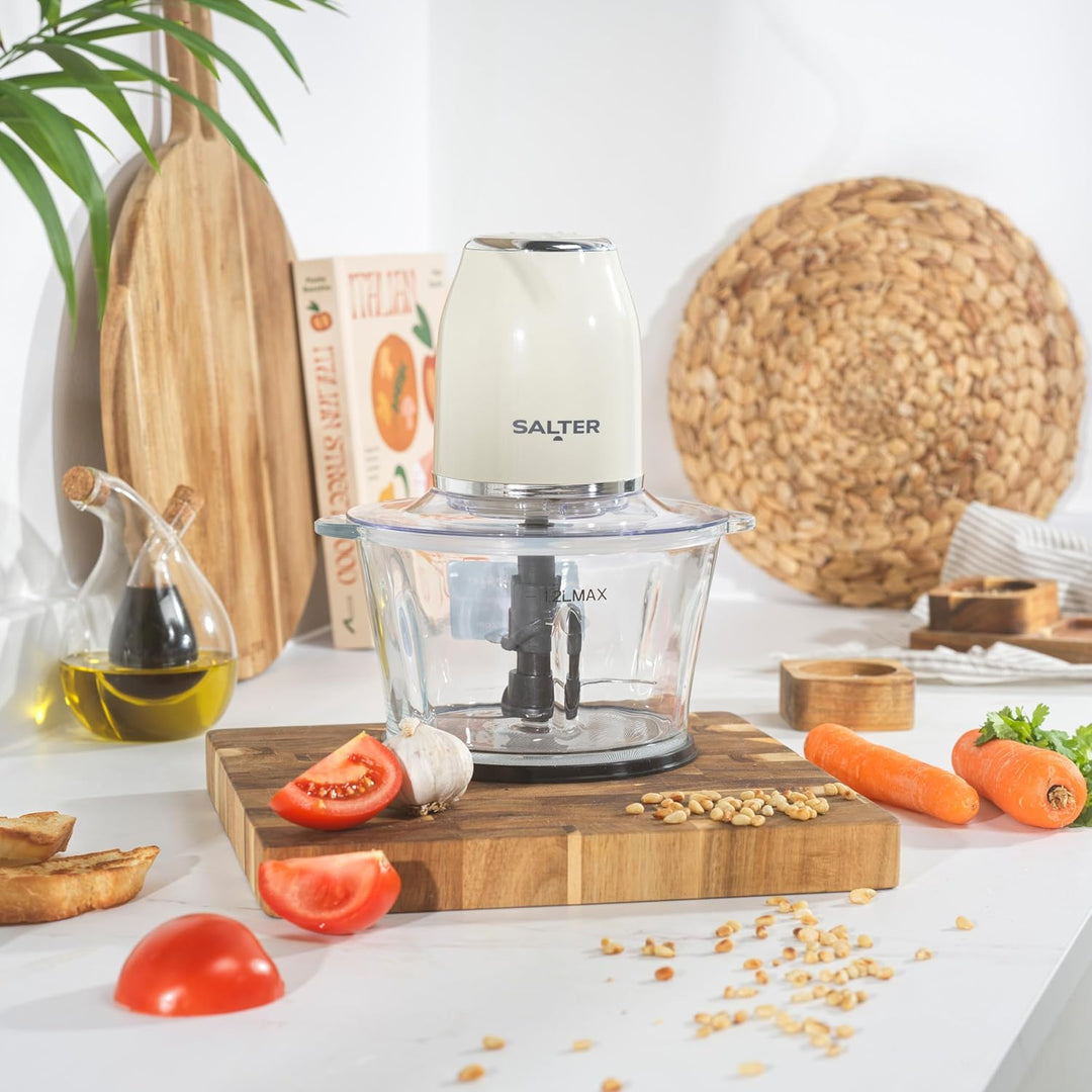 Salter Retro Cream Food Chopper - Elektrisch 1,2 Liter, 2 Geschwindigkeitsstufen, Doppelte Edelstahl