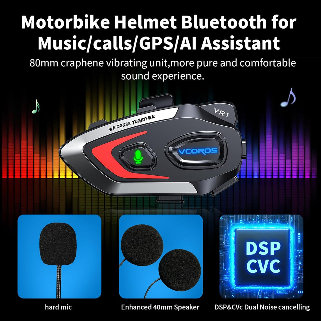 Motorrad Headset VR1,Motorrad Kopfhörer für eine Person,Motorrad Headset Bluetooth,Wasserdicht IPX6,