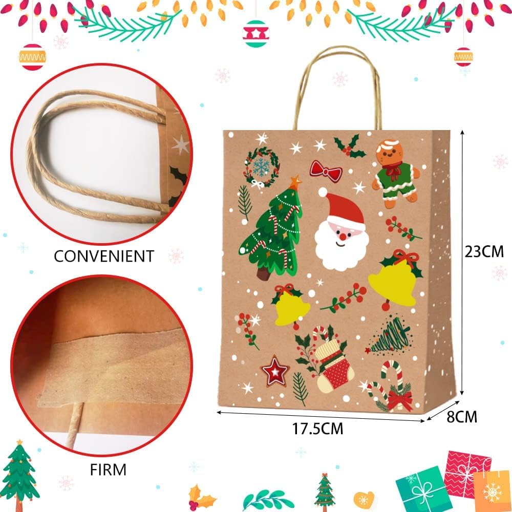 12 Stück Geschenktüten Weihnachten，Papiertüten Weihnachten mit Griff, Kraftpapier Weihnachtstüten fü