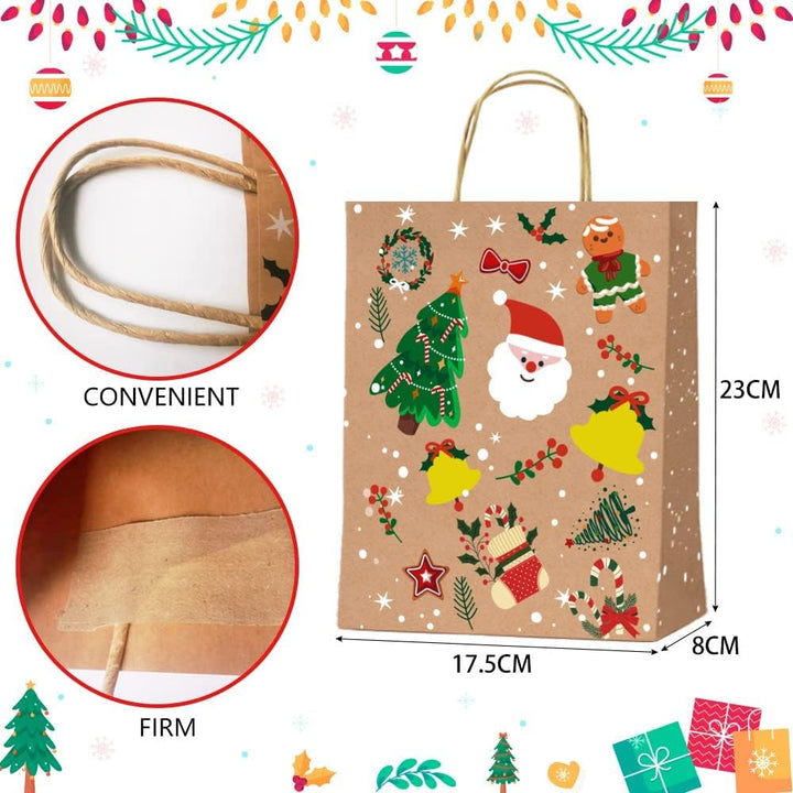 12 Stück Geschenktüten Weihnachten，Papiertüten Weihnachten mit Griff, Kraftpapier Weihnachtstüten fü
