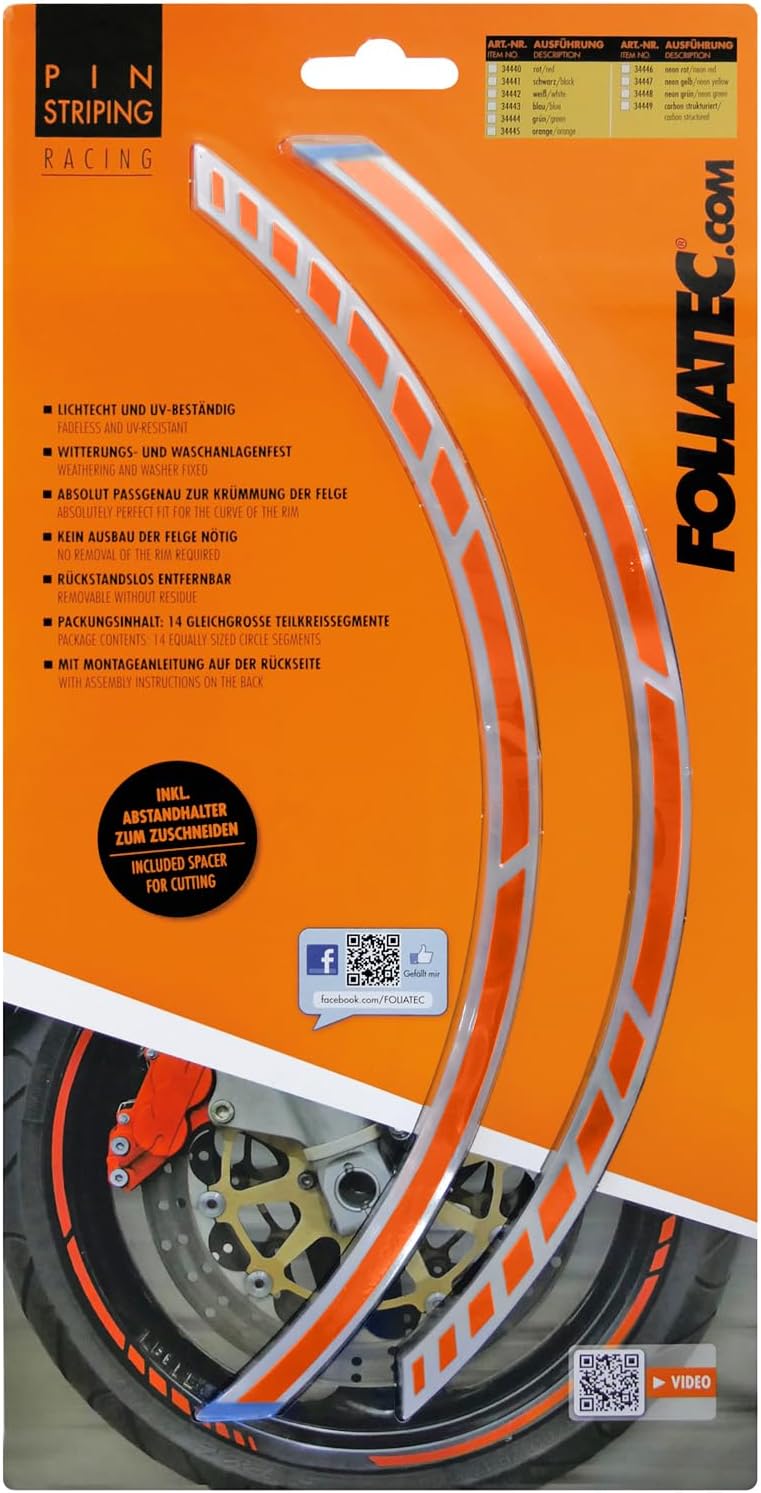FOLIATEC PIN Striping Racing Felgenrandaufkleber Motorrad Zierstreifen Felgen Aufkleber, orange Oran