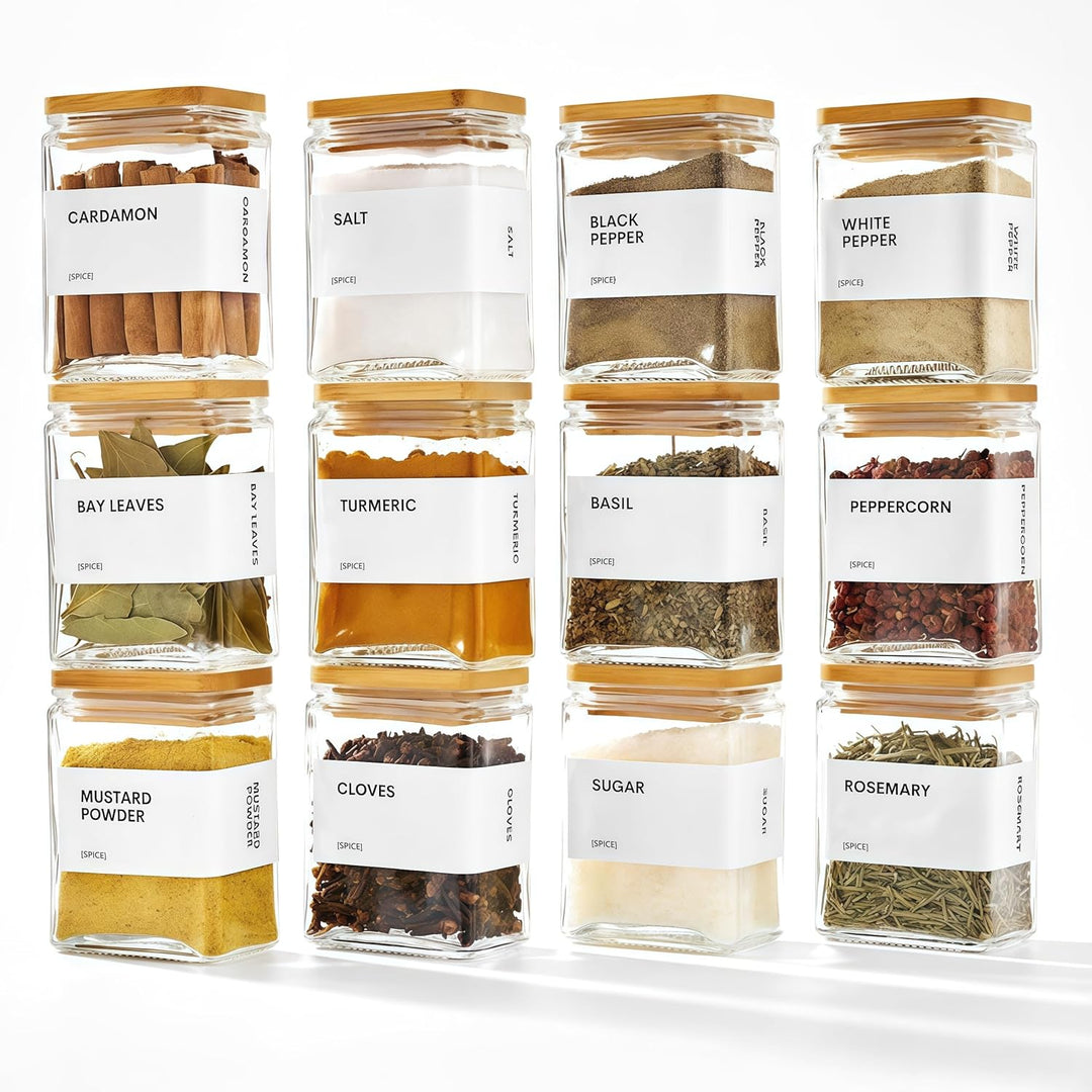 Gewürzgläser Eckig mit Holzdecke, [12x 120ml] + 88 Wasserfeste Etiketten - Gewürzdosen Set Glas - Ge