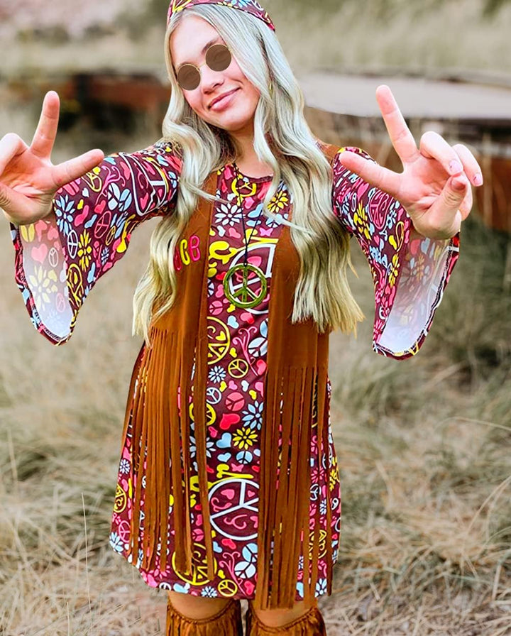 YADODO Hippie Kostüm Damen Kleid Set 70er Jahre Bekleidung Damen 70er Jahre Kostüm Damen FaschingsKo