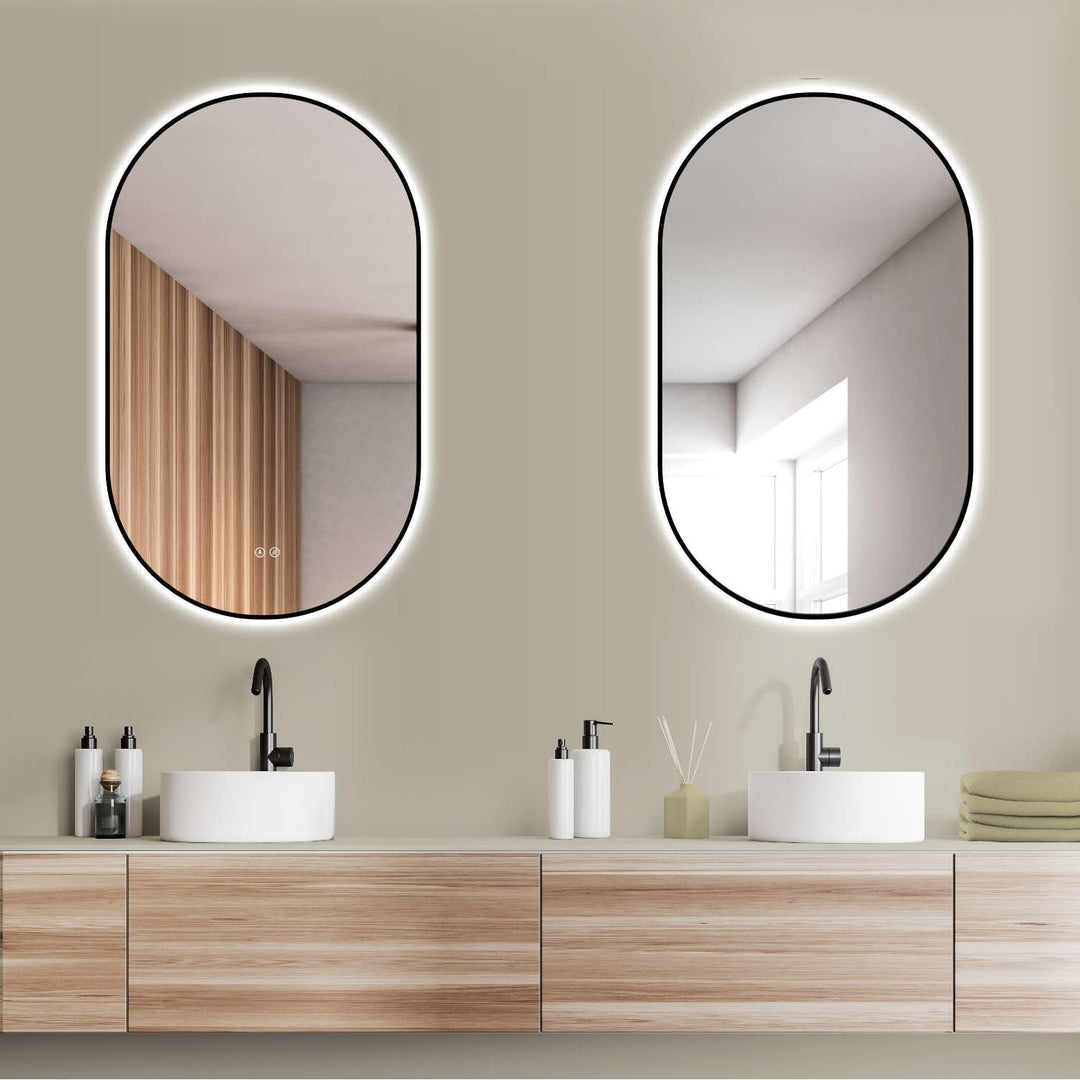 HOKO Design LED ANTIBESCHLAG Spiegel oval 45 x 75 cm + Metall Rahmen Schwarz. HOCH + QUER Montage. B