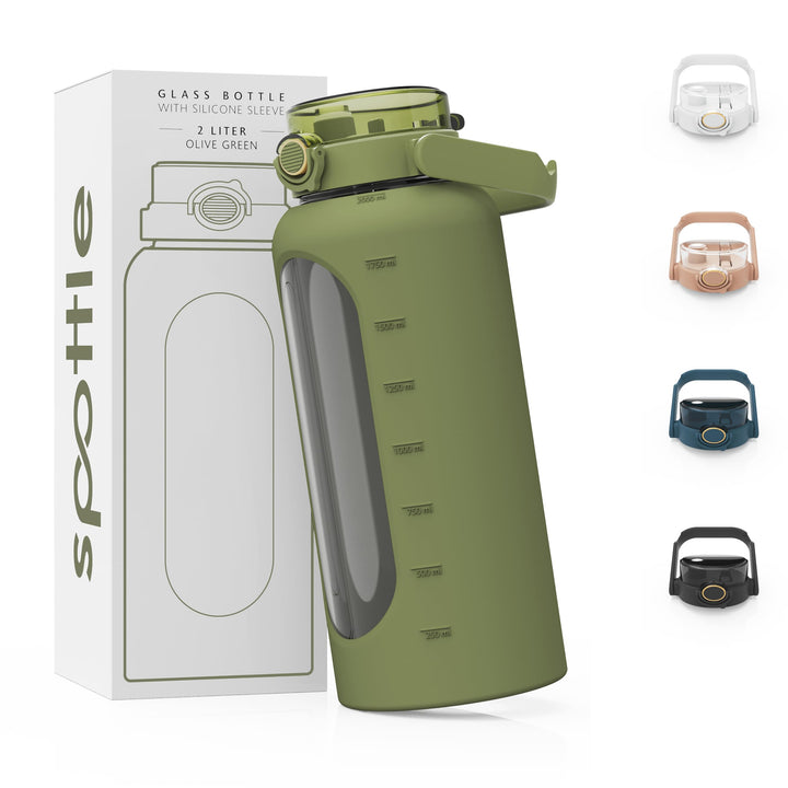 spottle Glasflasche 2 Liter - Trinkflasche 2L Glas mit Strohhalm - Grosse Wasserflasche mit Schutzhü