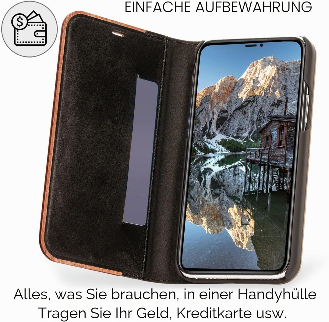 NALIA Echt-Holz Flipcase kompatibel mit iPhone 13 Pro Max Hülle, FSC zert. Natur Holzhülle mit Stand