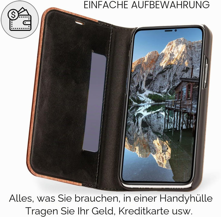 NALIA Echt-Holz Flipcase kompatibel mit iPhone 13 Pro Max Hülle, FSC zert. Natur Holzhülle mit Stand
