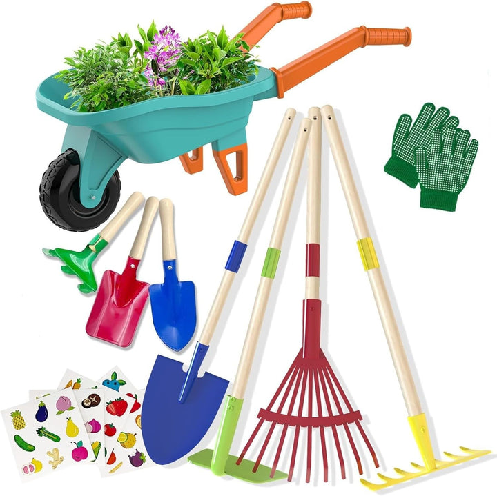 LATERN Kinder Gartenwerkzeugset, 70CM Schubkarre mit 70CM Metall Schaufel Rechen Hacke Laubrechen 20