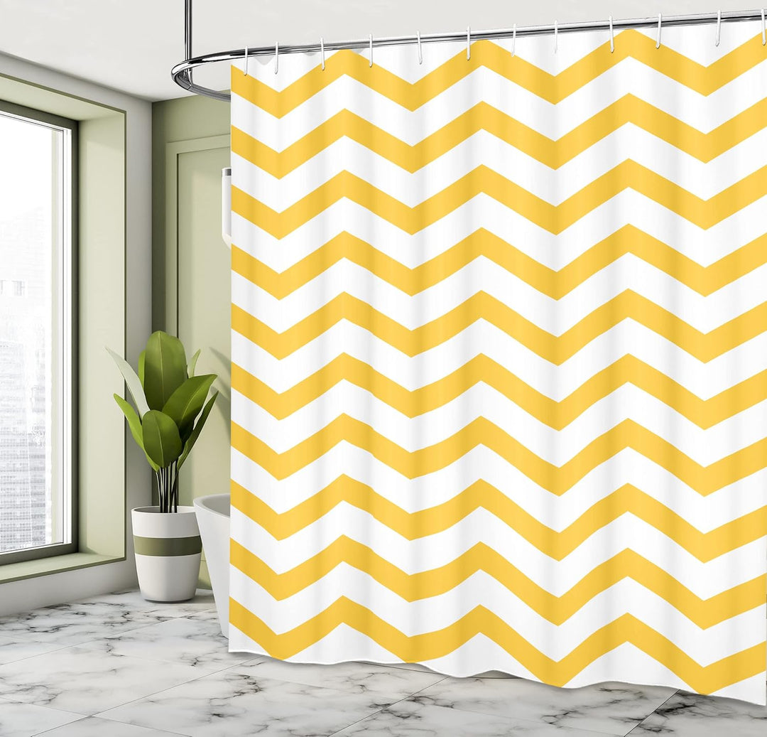 ABAKUHAUS Gelber Chevron Duschvorhang, Wellenförmige Horizontal Kunst, Stoffliches Gewebe Badezimmer