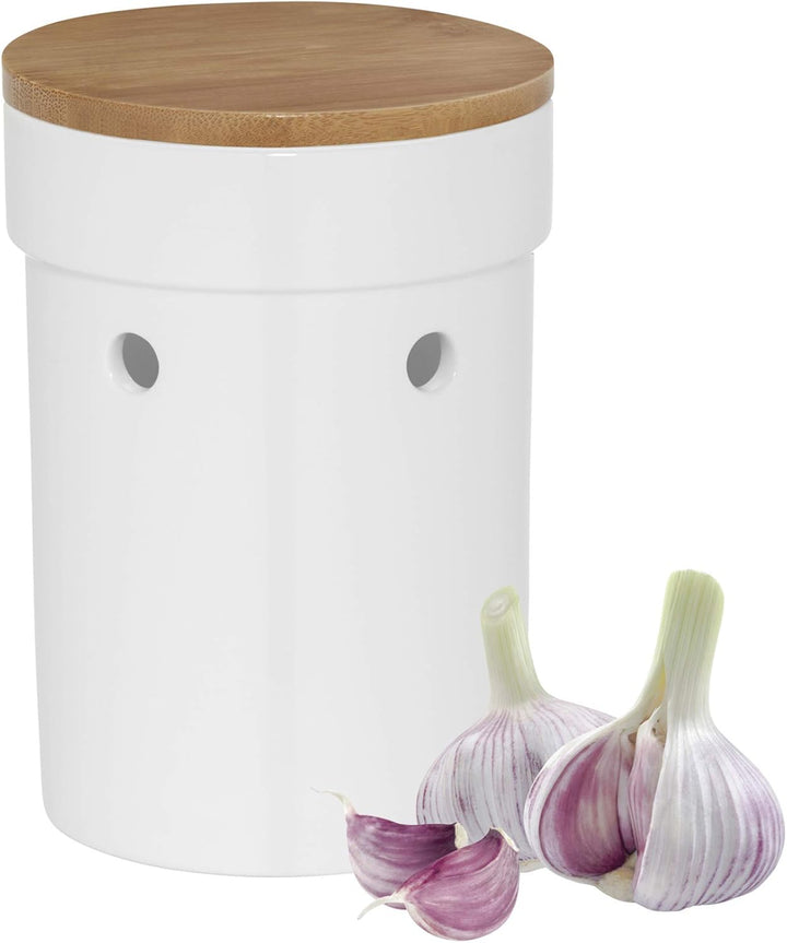 kela Knoblauchtopf Salena, Durchmesser 12 cm, Keramik, weiss, rund, abnehmbarer Bambusdeckel, seitli