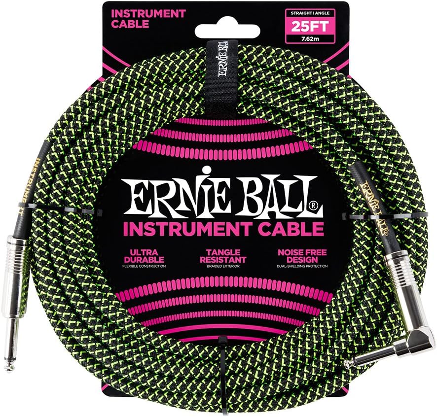 Ernie Ball Instrumentenkabel geflochten, gerade/gewinkelt, 7,62 m, Schwarz/Grün Neon-grün/schwarz 7,