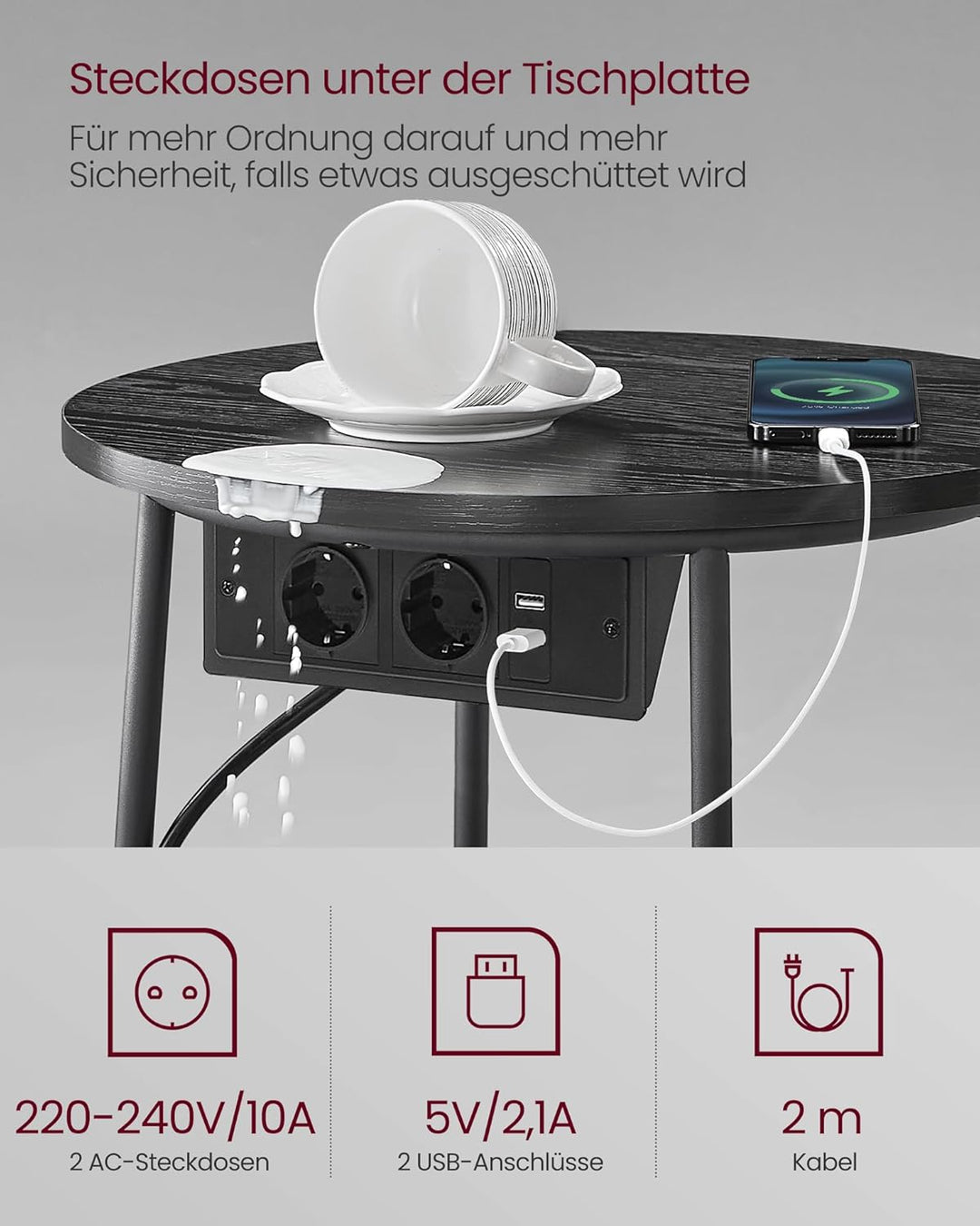 VASAGLE Beistelltisch rund, Kleiner Tisch, Couchtisch mit Steckdose, Wohnzimmertisch, Korb aus Stoff