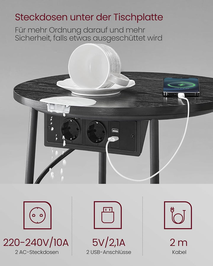 VASAGLE Beistelltisch rund, Kleiner Tisch, Couchtisch mit Steckdose, Wohnzimmertisch, Korb aus Stoff