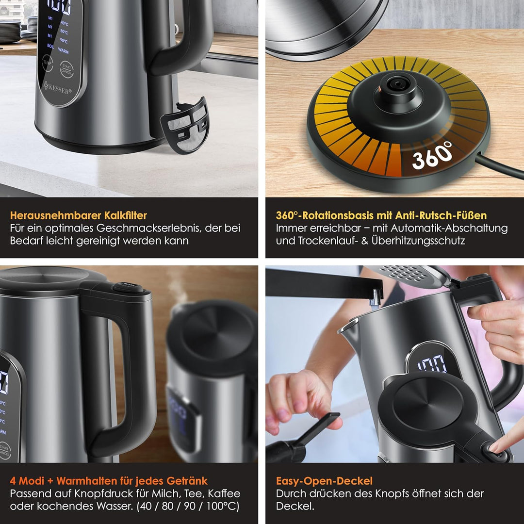 KESSER® Wasserkocher Edelstahl 1.5 Liter | LED-Anzeige | 4-Modi Temperatureinstellung 40°C-100°C | 3