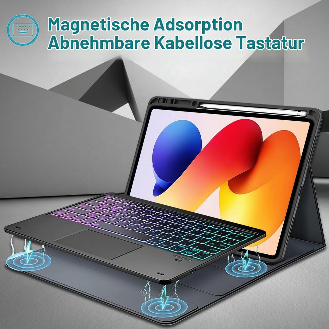 Hülle mit Touchpad Tastatur für Xiaomi Redmi Pad 2 Pro 12.1 Zoll 2025, 3-Zonen 7-Farben Beleuchtung,