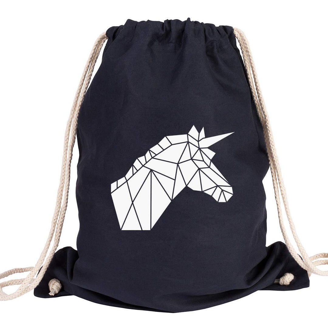 JUNIWORDS Turnbeutel - Wähle ein Motiv &amp; Farbe - "Origami Einhornkopf" (Beutel: Marine Blau, Motiv: