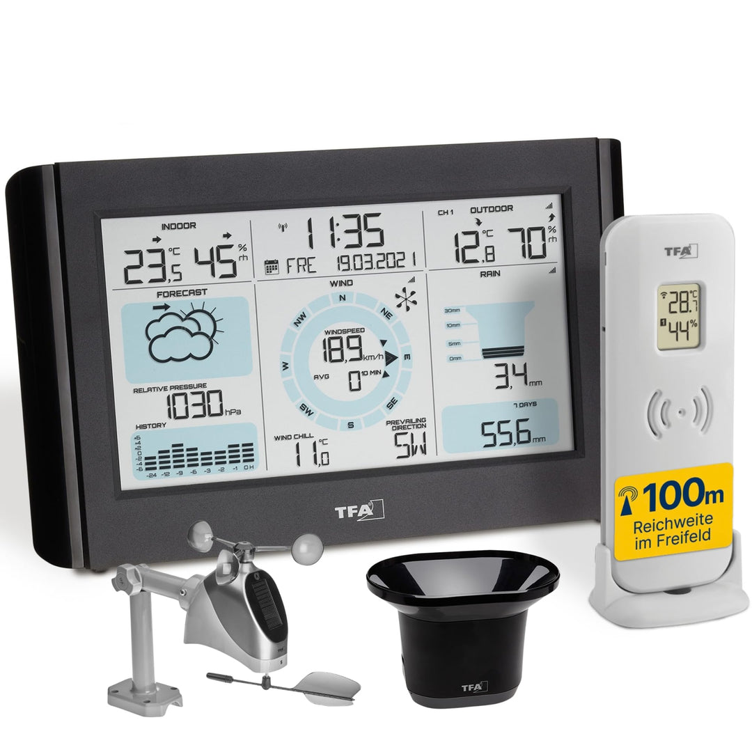 TFA Dostmann Weather Pro Funk Wetterstation, 35.1161.01, mit Windmesser, Regenmesser, Aussensensor,