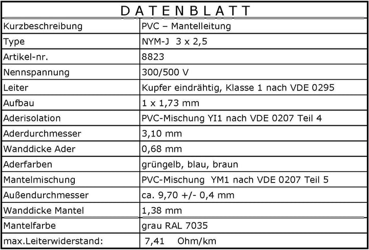 M&G Techno 25m NYM-J 3x2,5 mm² Mantelleitung Feuchtraumkabel Elektrokabel Kupfer Made in Germany Gra
