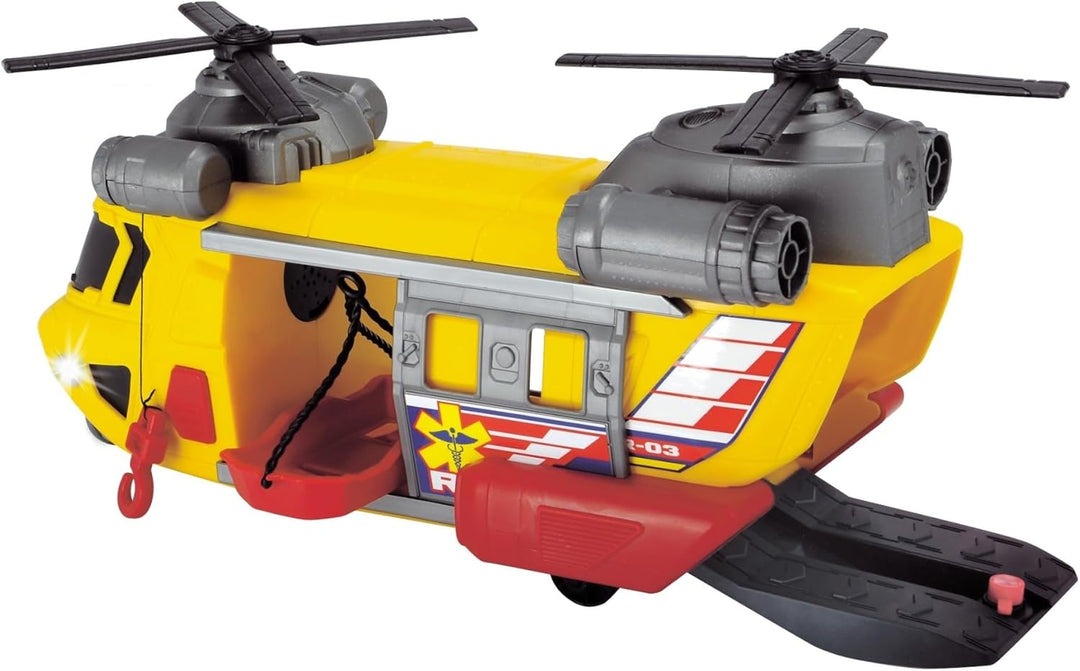 Dickie Toys Rettungshelikopter mit drehbarem Frontlicht & Sound, Helikopter mit Aufzieh-Seilwinde in