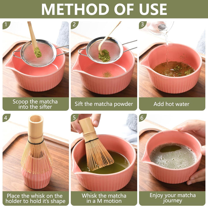 Matcha Set Premium 7-teilig Keramik: Matcha Schale, Bambus Besen (Chasen),Teebesenbasis，Teelöffel, S