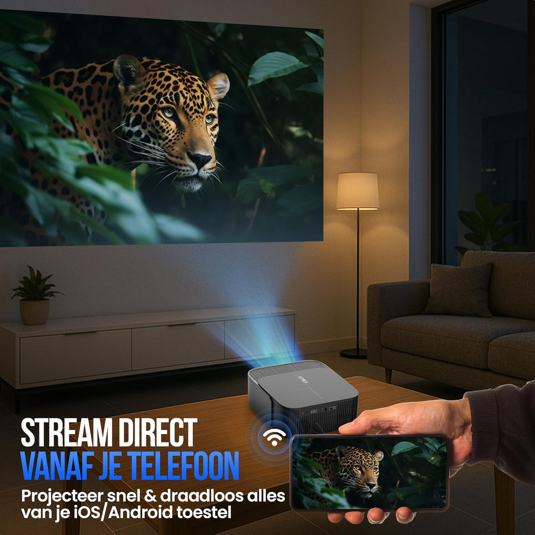 Strex Beamer - Smart 1080P Full HD Projektor - 4K Unterstützung - WiFi & Bluetooth - Eingebaute Laut