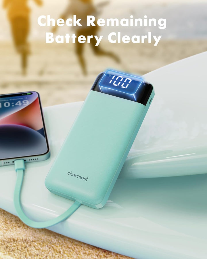 Charmast Externer Akku, 10.000 mAh, mit 4 integrierten Kabeln, tragbarer Akku, USB C, dünn, Power Ba