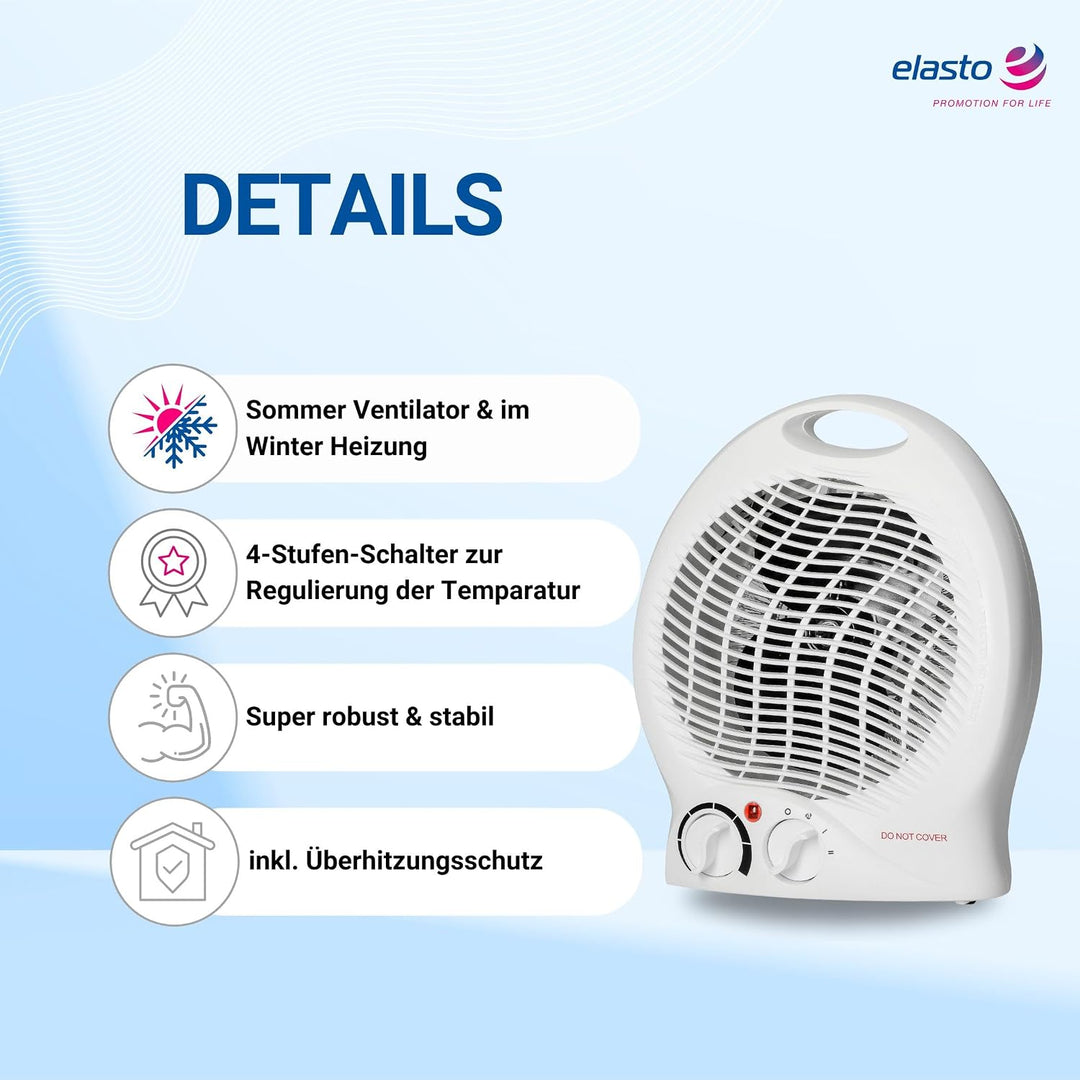 elasto – Heizlüfter "Mobil" 2000W inkl. Ventilator – tragbares Heizgerät mit Thermostat & 4-Stufen-S