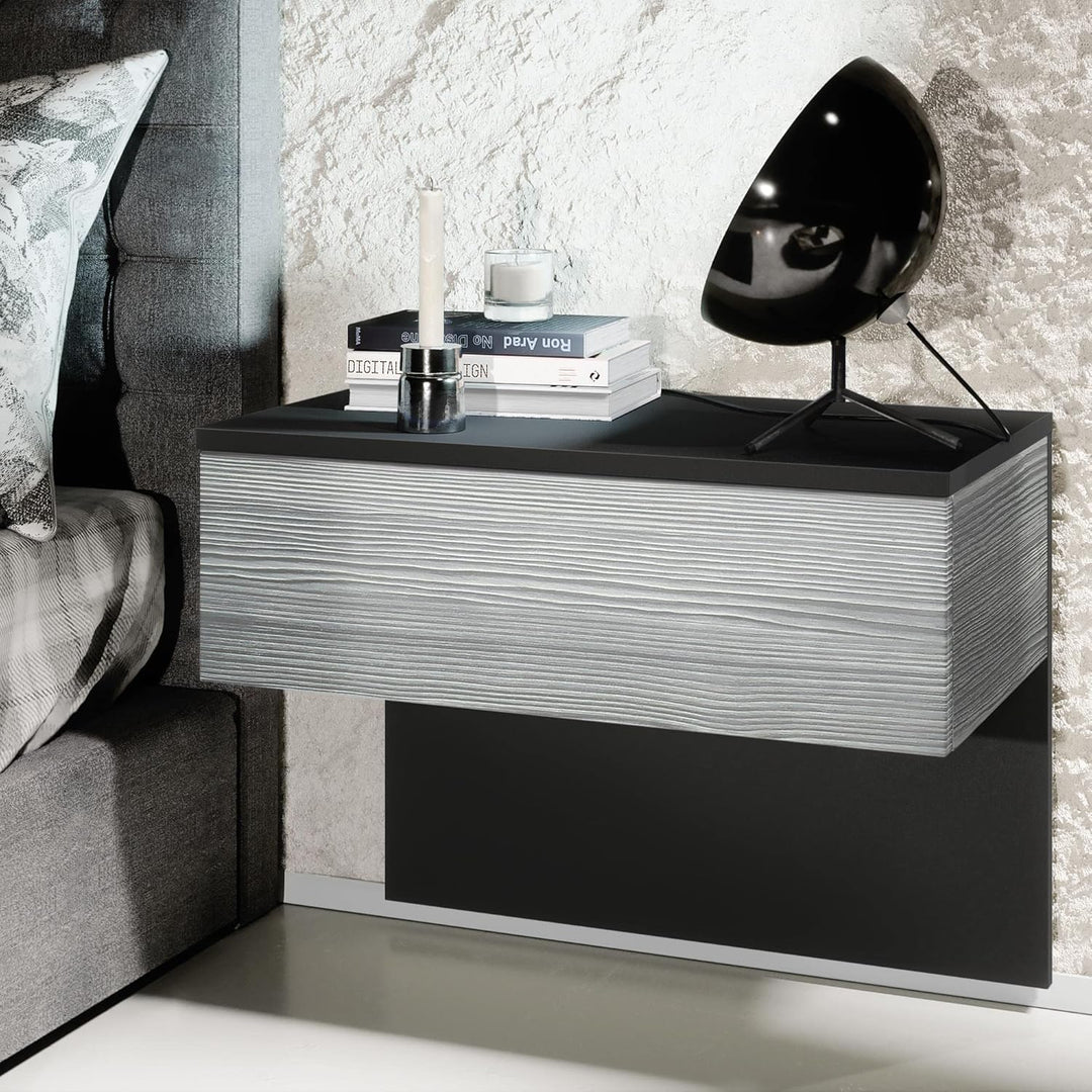 Vladon Nachttisch Sleep, Nachttischschrank mit Schublade zur Wandmontage, Schwarz matt/Avola-Anthraz