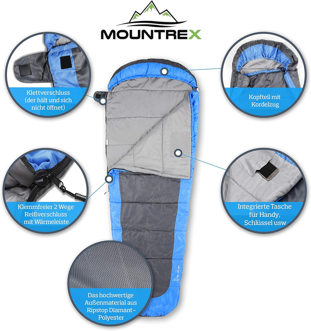 MOUNTREX Schlafsack +10°C / +20°C – Ultraleicht & Kompakt (850g) - Outdoor Sommerschlafsack - Mumien