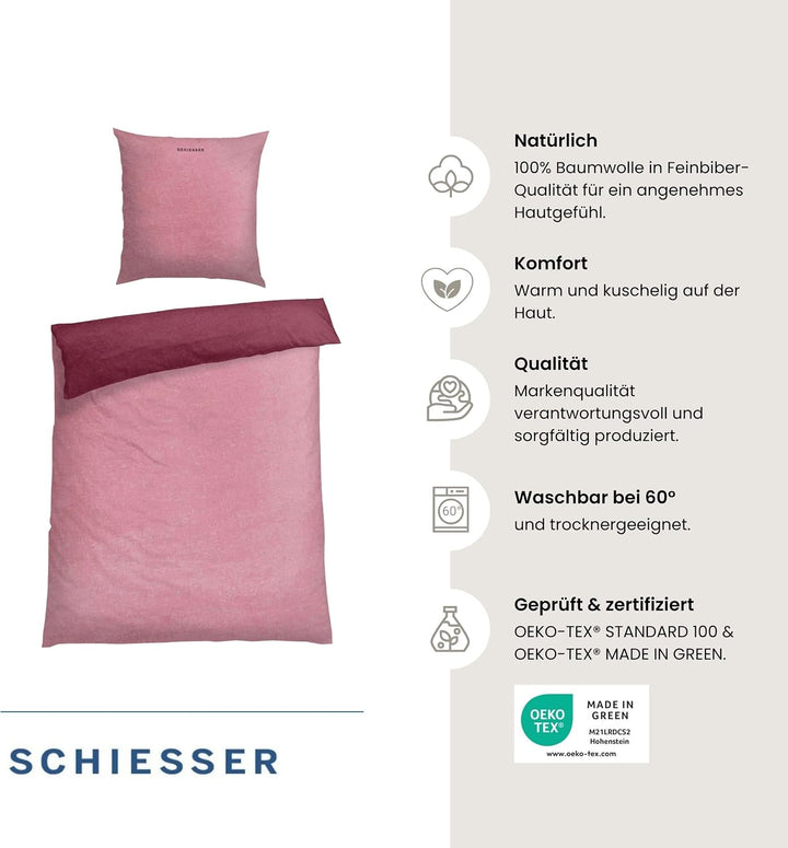 Schiesser Feinbiber Wendebettwäsche Doubleface, 100% Baumwolle, Farbe:Altrosa und Rosenholz, Grösse: