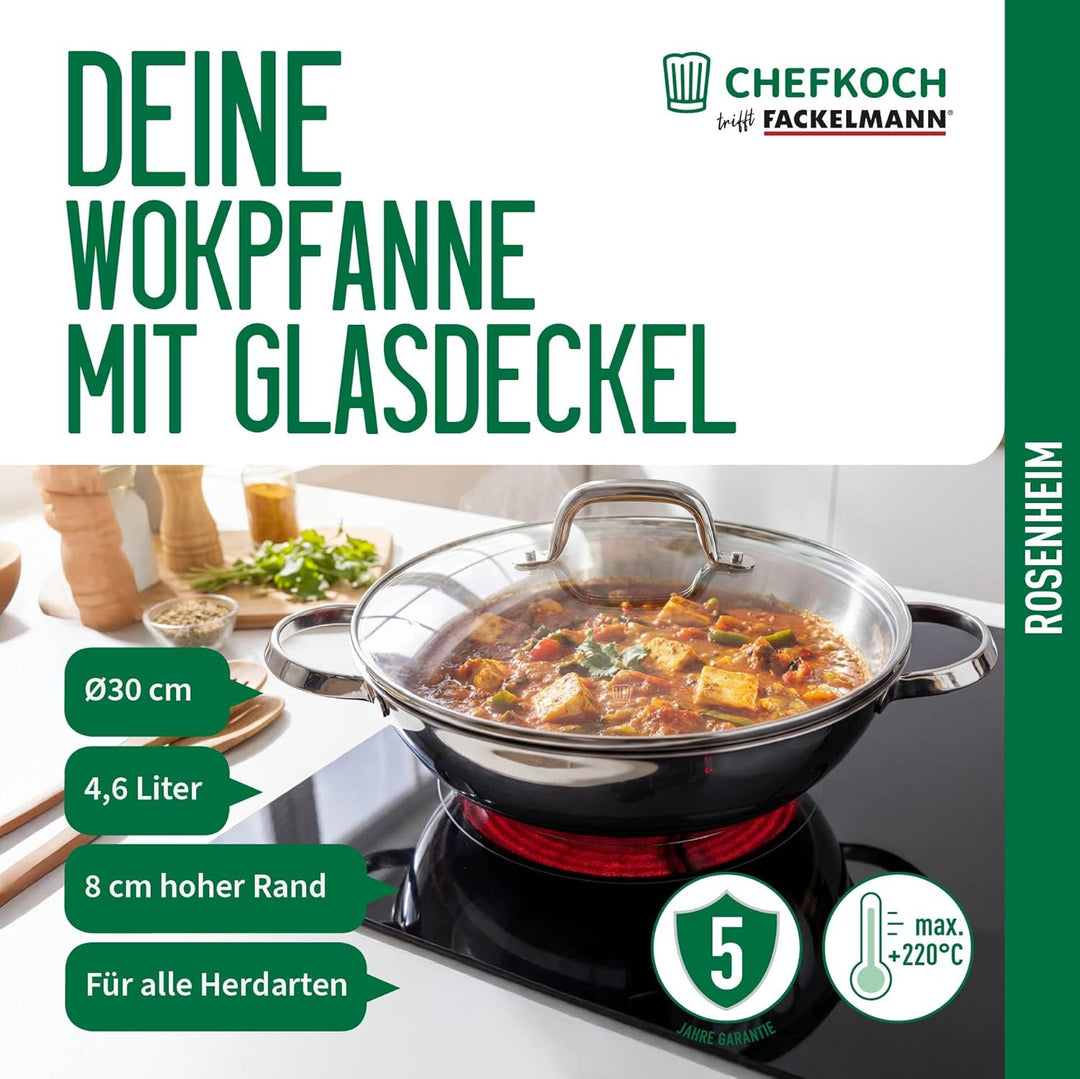 FACKELMANN Chefkoch trifft Wokpfanne Rosenheim – Ø30 cm, Glasdeckel inkl. Dampföffnung und Aluminium
