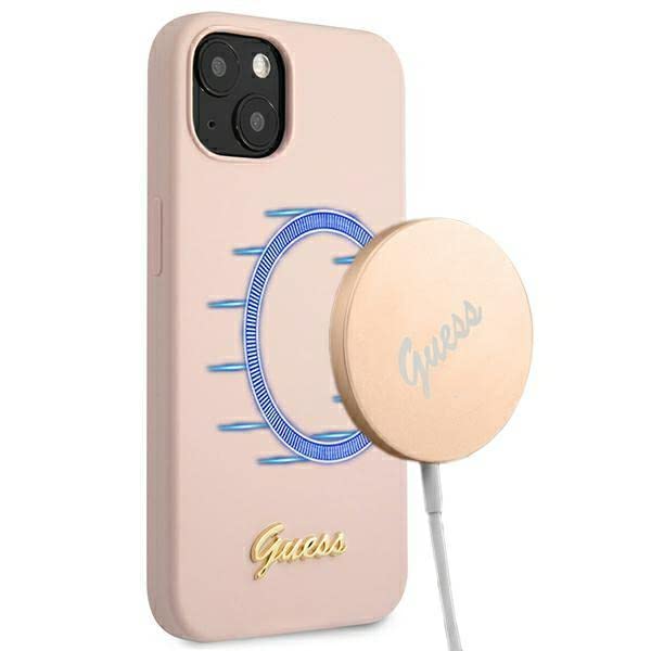 Guess GUHMP13MLSLMGLP Hülle für iPhone 13 6,1" hell-pink Silicone Script Gold Logo Magsafe