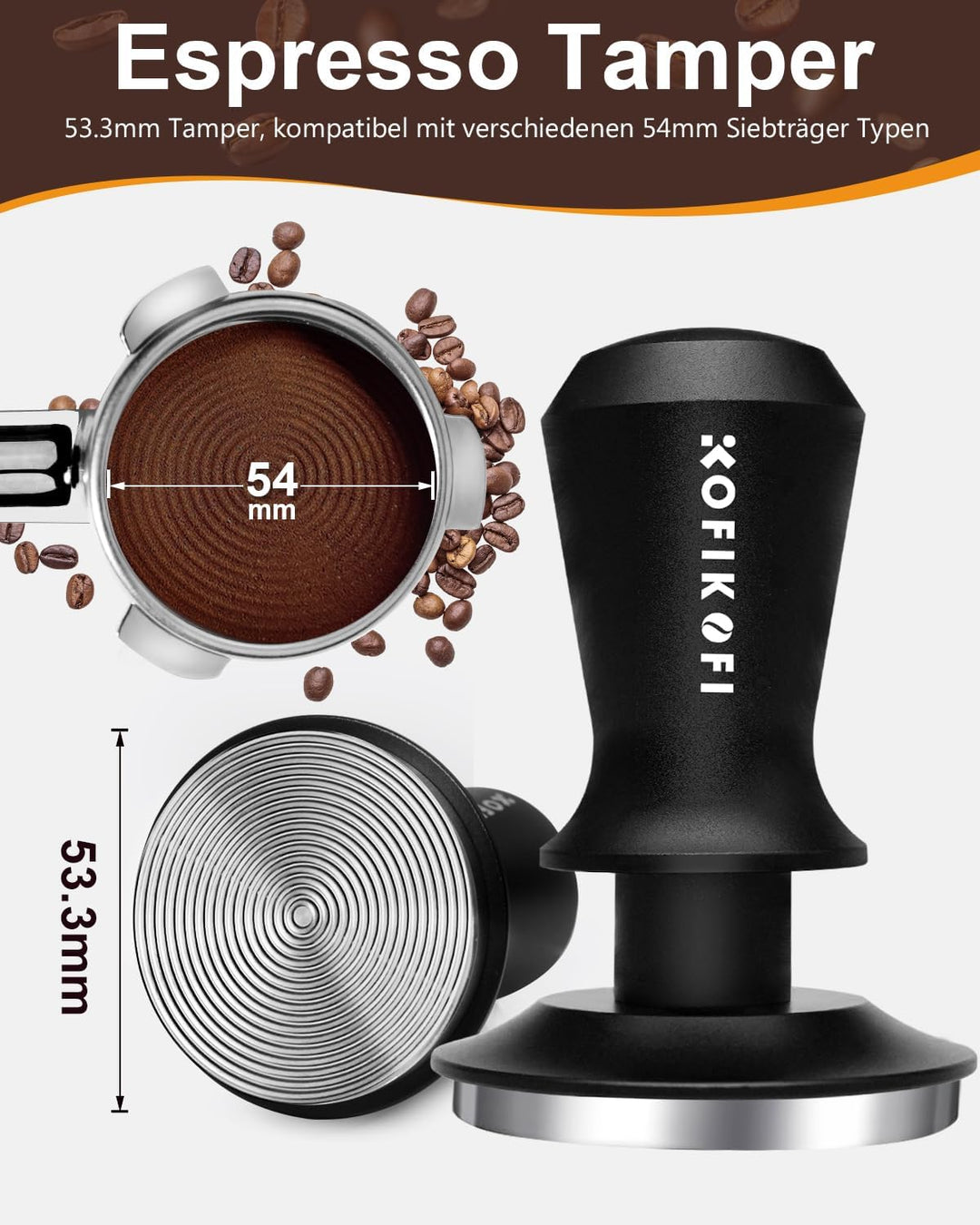 KOFIKOFI 53.3mm Espresso Tamper mit Base Ripple Doppelfeder 30lbs Anpressdruck Kaffee Tamper 304 Ede