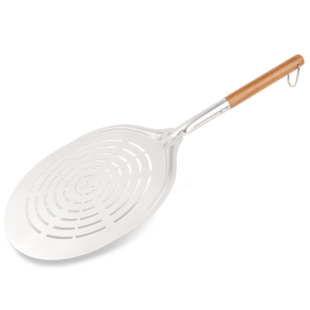 MOESTA-BBQ 19522 Pizzaschieber No. 2 – Aluminium-Pizzaschaufel gelocht mit Holzgriff – Pizzabacken w
