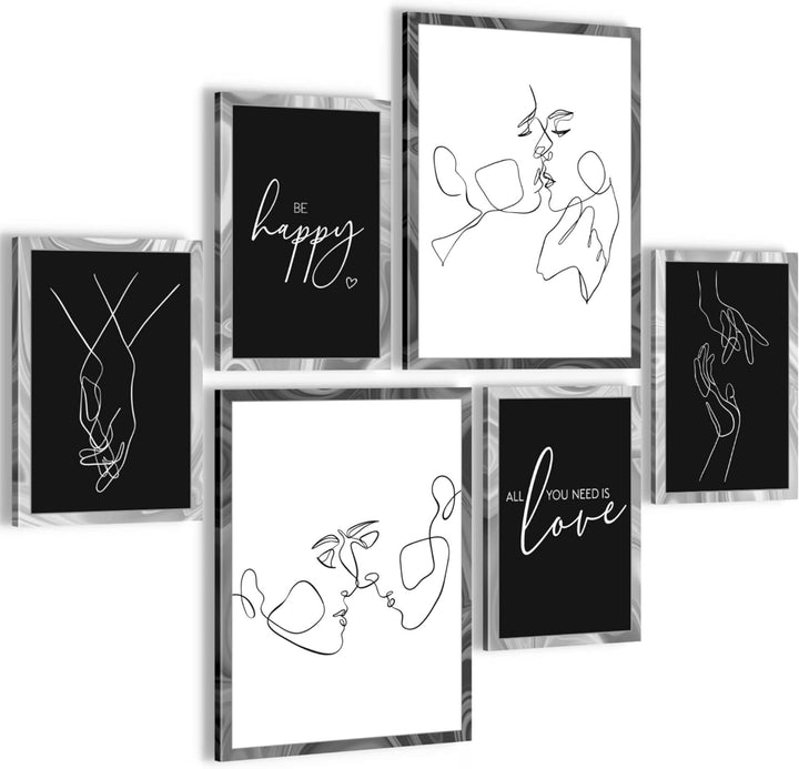 Novart Bilder Set - AUFHÄNGFERTIG - KEIN EXTRA RAHMEN BENÖTIGT - Be Happy Abstrakt Modern Schwarz We