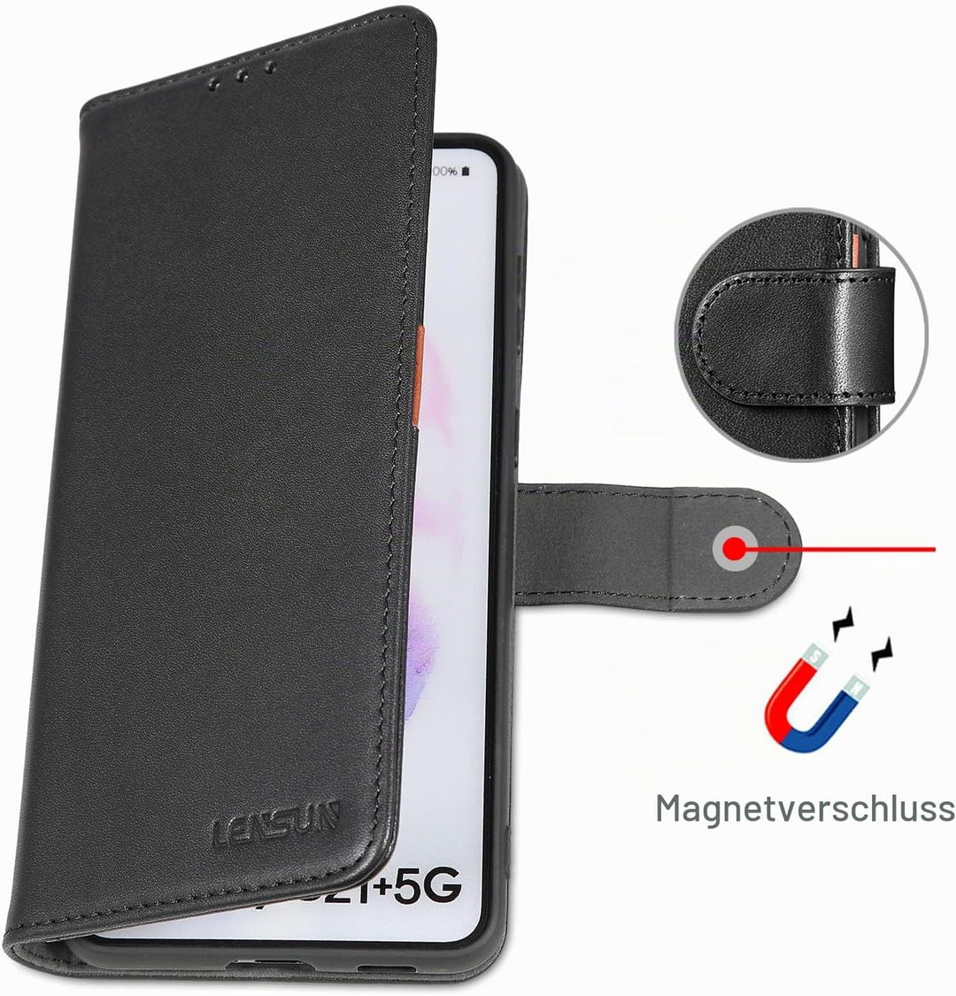 LENSUN Echtleder Hülle für Samsung Galaxy S21 Plus, Handyhülle [Echtes Leder] [Magnetverschluss] [RF
