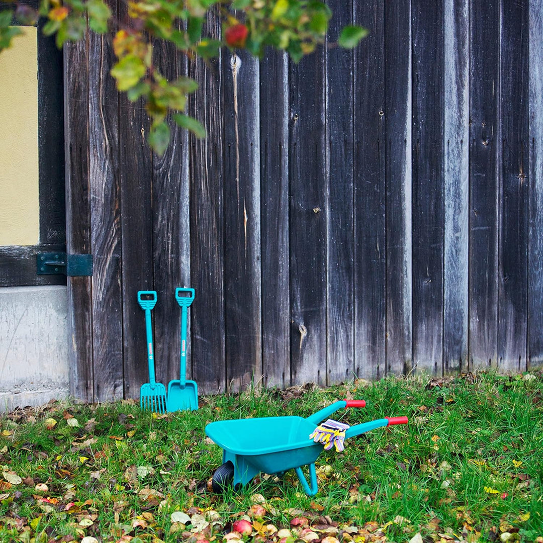 Theo Klein 2660 Bosch Gartenset mit Schubkarre | Mit Schaufel, Rechen und Arbeitshandschuhen | Masse