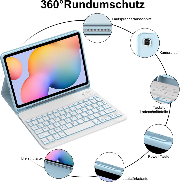 Tastatur Hülle für Samsung Galaxy Tab S6 Lite 10,4 Zoll 2024/2022/2020, 7 Farben Beleuchtung, Keyboa